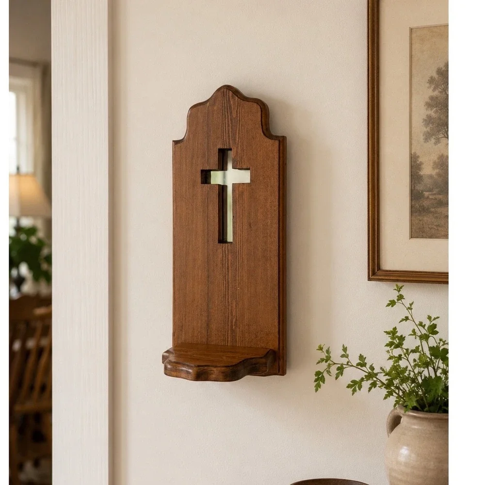 Vintage Wooden Wall Sconce Shelf Mirrored Cross Cutout Religious Decor 16 inch